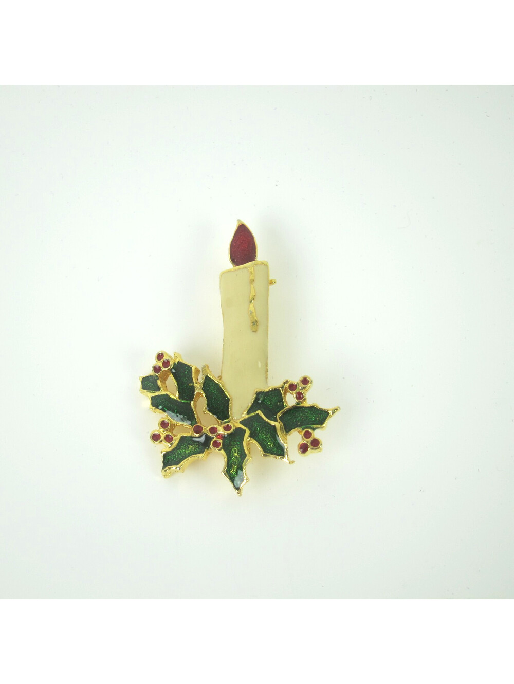 Vintage Christmas Candle Pin Brooch Holly Berries Gold Tone Red & Green Enamel